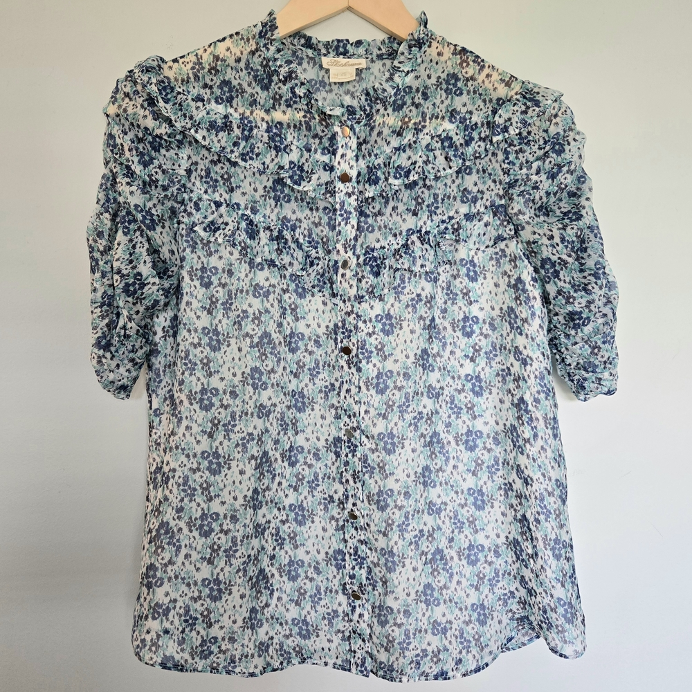 Shoshanna Sz XS Blue Green Floral Print 1/2 Length Sleeves Silk Blend Top Blouse